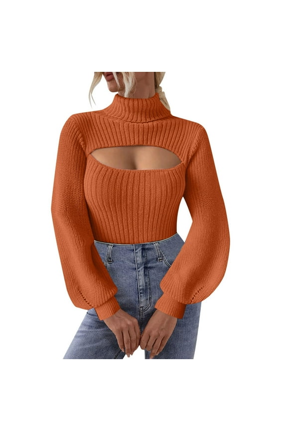 Women's Fall Winter Loose High Neck Long Sleeve Knit Top - Chest Cutout Design,Solid Color Versatile Outerwear Sweater,Size:L