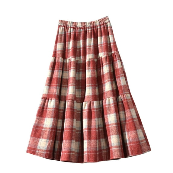 Women’s Fall Winter Maxi Skirts Elastic High Waisted Plaid A-Line Long Skirt Tiered Ruffle Flannel Skirts One Size