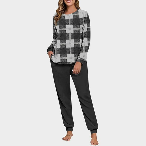 Women's Fall Winter Pajama Set Fuzzy Fleece 2 Piece Loungewear Pullover Plaid Tops Jogger Pants Matching Outfits Homewear Gray S