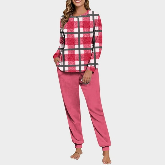 Women's Fall Winter Pajama Set Fuzzy Fleece 2 Piece Loungewear Pullover Plaid Tops Jogger Pants Matching Outfits Homewear M