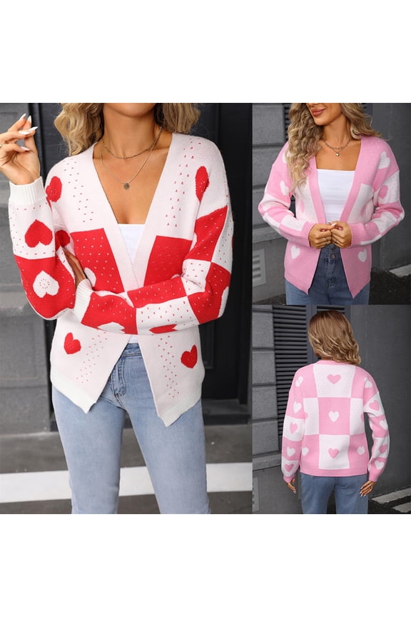 Women's Fall Winter Patterned Long Sleeve Tether Cardigan Sweater Coat Jacket Outerwear Loose Fit Warm Knit Casual Fashion Holiday Gift | CSEONE,Pink XL