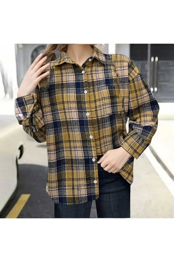 Women's Fall Winter Plaid Printed Long Sleeve Turn Down Collar Suit Cardigan Coat Jacket Outerwear for Casual Work Office and Streetwear Fashion Essential | CSEONE,Coffee L