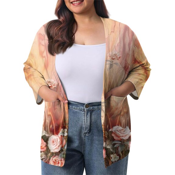Women's Fall Winter Plus Size Casual 3/4 Sleeve Mid-length Cardigan Jacket with Retro Floral Print, Beige, Size XL