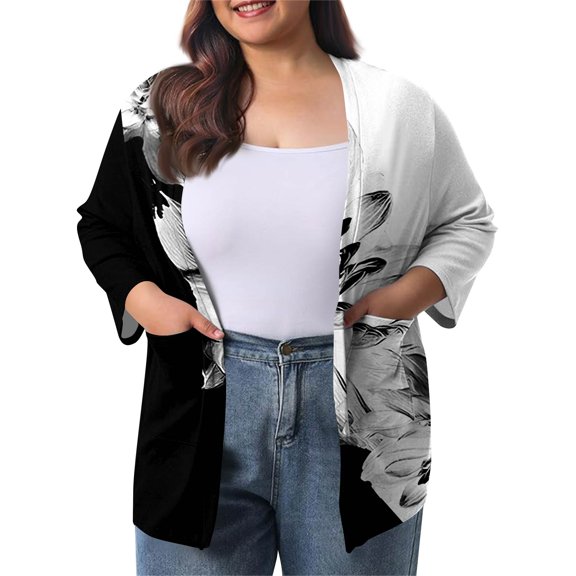 Women's Fall Winter Plus Size Casual 3/4 Sleeve Mid-length Cardigan Jacket with Retro Floral Print, Black, Size XXL