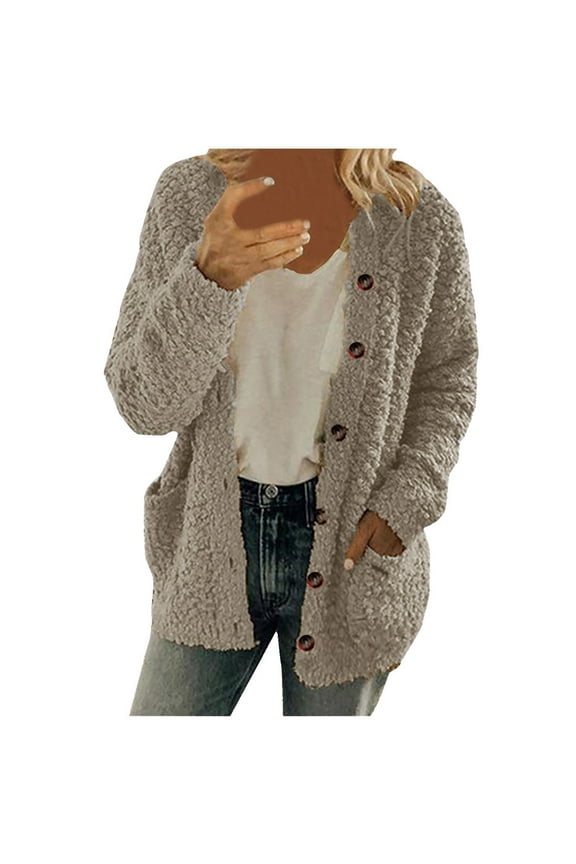 Women's Fall/Winter Plus Size Fuzzy Cardigan 2025 Trendy Casual Button-Up Outerwear With Pockets Soft Warm Fabric Loose Fit Sweater Coat