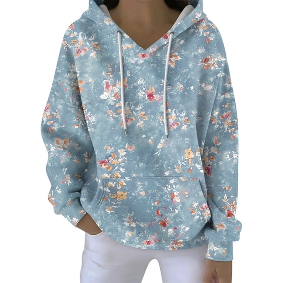 Women's Fall And Winter Printed Pullover Hooded Sweatshirt Long Sleeve Fashion Retro Floral Print Sweatshirt Drawstring Hoodie for Casual Outdoor Wear,Light Blue,L