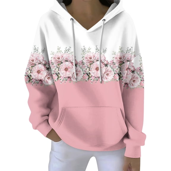 Women's Fall And Winter Printed Pullover Hooded Sweatshirt Long Sleeve Fashion Retro Floral Print Sweatshirt Drawstring Hoodie for Casual Outdoor Wear,Pink,L
