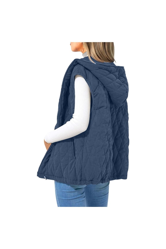 Women's Fall Winter Puffer Vests Soft Quilted Sleeveless Hooded Zip up Jacket Trendy Winter Coat Outerwear New Women Vests Fashion Casual for Fall Navy S