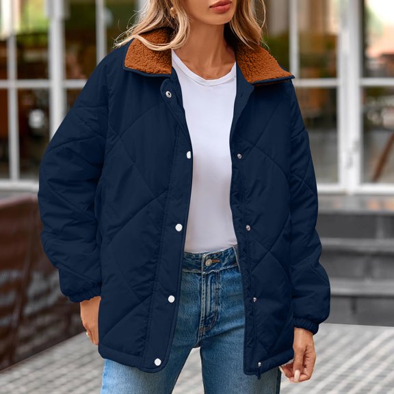 Women's Fall Winter Quilted Jackets Lightweight Casual Button Padded Puffer Coats Outerwear with Pockets New Jacket for Women Dressy Navy XL