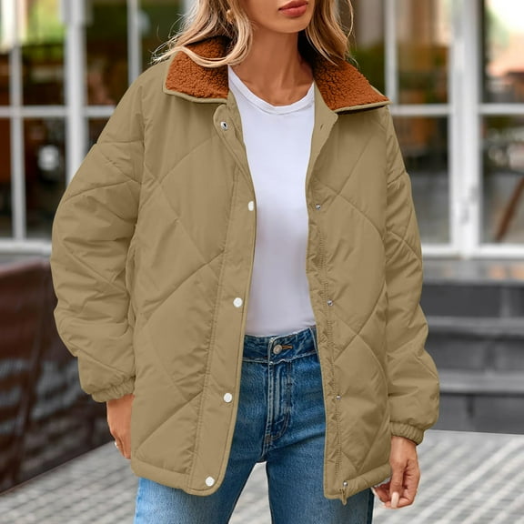 Women's Fall Winter Quilted Jackets Lightweight Casual Button Padded Puffer Coats Outerwear with Pockets New Jackets for Women Lightweight Khaki XXL