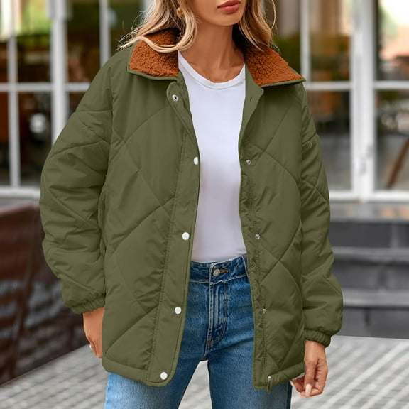 Women's Fall Winter Quilted Jackets Lightweight Casual Button Padded Puffer Coats Outerwear with Pockets New Womens Loose Outerwear Green L