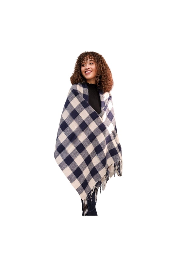 Women's Fall Winter Scarf Buffalo Checkered Tassel Scarf Knit Scarves Soft Warm Chunky Oversized Blanket scarf shawl Winter Fashion Wrap(Navy Cream)
