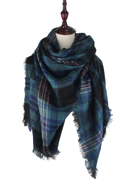Women's Classic Tassel Plaid Tartan Soft Chunky Blanket Wrap Shawl Scarf, Green Blue