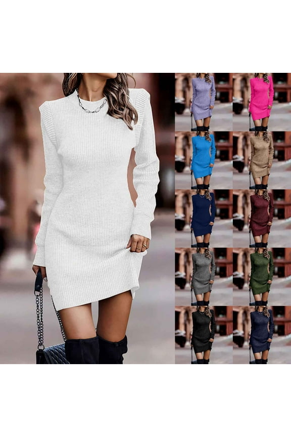Women's Fall Winter Sexy Solid Color Round Neck Long Sleeve Sweater Dress, Elegant and Chic Knit Dress with a Form-Fitting Design for Evening Wear,Royal Blue,L