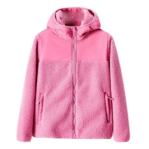 Women's Fall Winter Sherpa Fleece Jacket Casual Fuzzy Coat with Pockets Pink XL