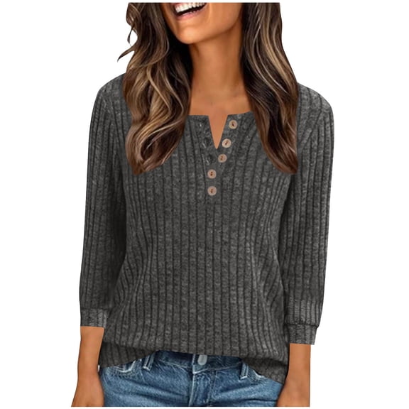 Women's Fall & Winter Solid Color Crew Neck Sweater Soft Knit Fleece-Lined Ribbed Texture with Button Accents Relaxed Fit 3/4 Sleeves for Daily Casual Wear