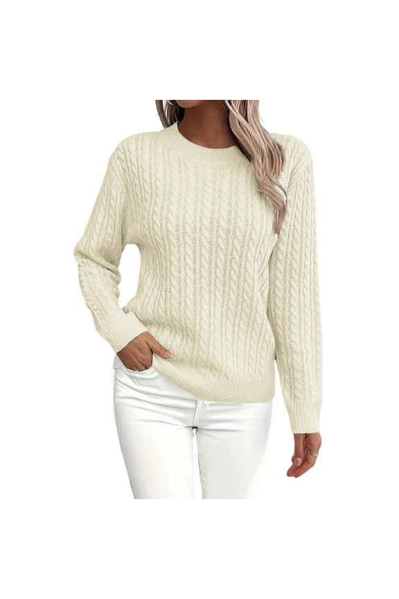 Women's Fall Winter Solid Color Long Sleeve Knit Sweater Round Neck Casual Pullover Top for Layering Winter Clothes,Beige,Size XL