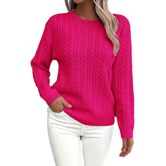 Women's Fall Winter Solid Color Long Sleeve Knit Sweater Round Neck Casual Pullover Top for Layering Winter Clothes,Hot Pink,Size S