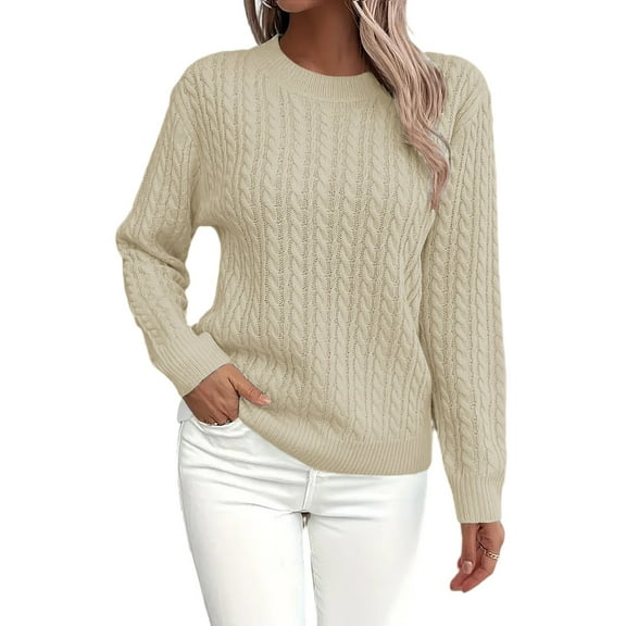 Women's Fall Winter Solid Color Long Sleeve Knit Sweater Round Neck Casual Pullover Top for Layering Winter Clothes,Khaki,Size L