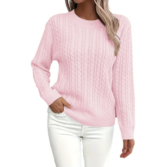 Women's Fall Winter Solid Color Long Sleeve Knit Sweater Round Neck Casual Pullover Top for Layering Winter Clothes,Pink,Size S