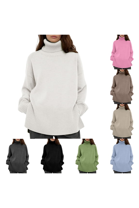 Women's Fall Winter Solid Color Split Fork Knit Loose High Collar Tops Long Sleeves Sweater Pullover for Casual Work Office Daily Wear Classic Wardrobe Essential Clothing