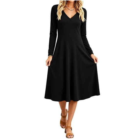 Women's Fall Winter Solid Midi Dress Long Sleeve V Neck Flared A Line Swing Casual Dress with Pockets Black
