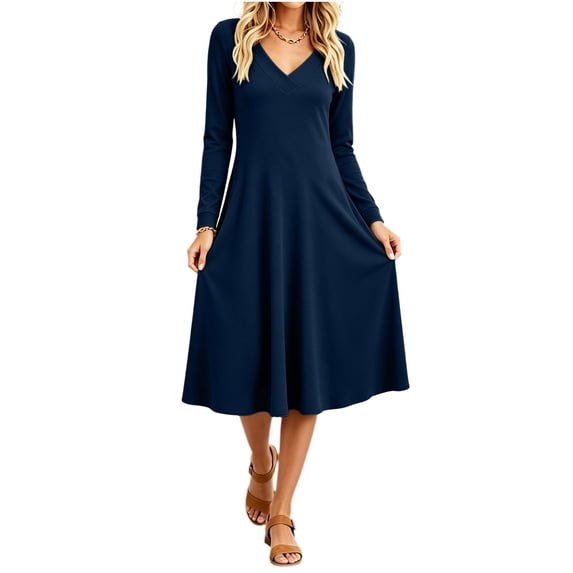 Women's Fall Winter Solid Midi Dress Long Sleeve V Neck Flared A Line Swing Casual Dress with Pockets Blue