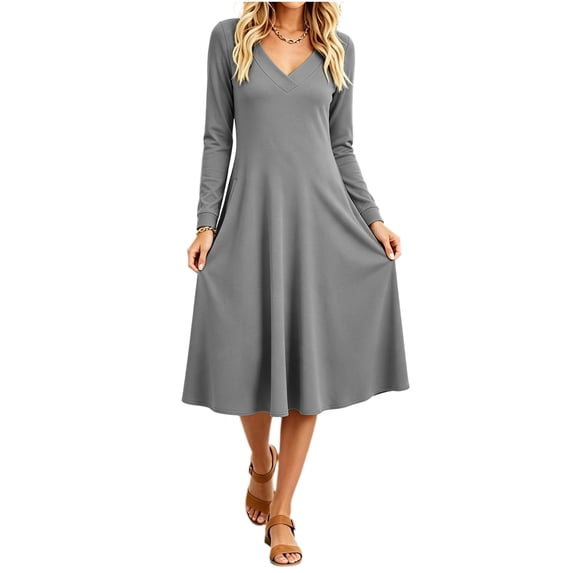 Women's Fall Winter Solid Midi Dress Long Sleeve V Neck Flared A Line Swing Casual Dress with Pockets Gray