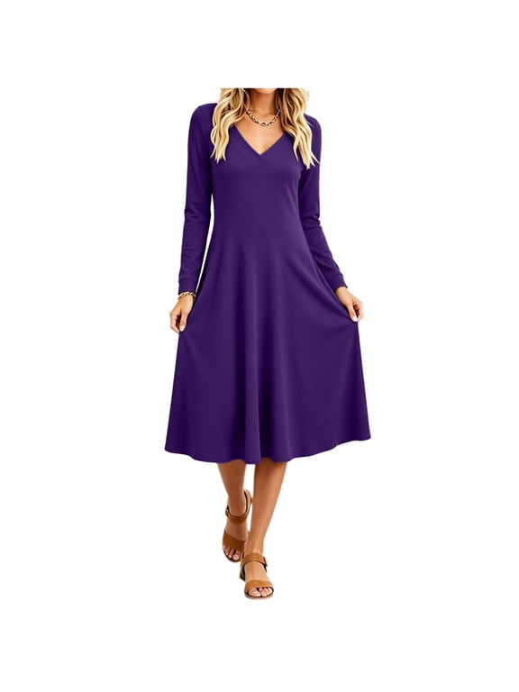 Women's Fall Winter Solid Midi Dress Long Sleeve V Neck Flared A Line Swing Casual Dress with Pockets Purple