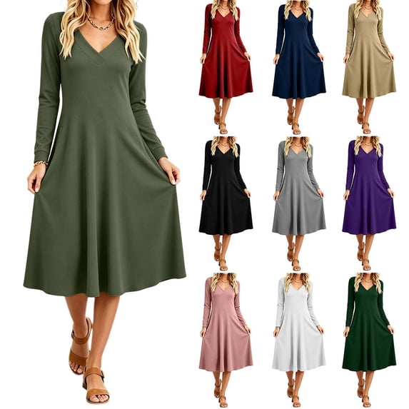 Women's Fall Winter Solid Midi Dress Long Sleeve V Neck Flared A Line Swing Casual Dress with Pockets White