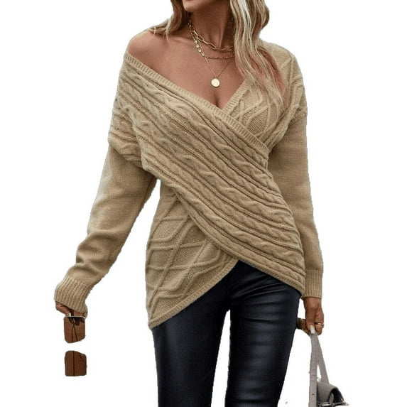 Women's Fall/Winter Solid V-neck Sweater Fashion Crossover Jacquard Slim Casual Top Irregular Loose