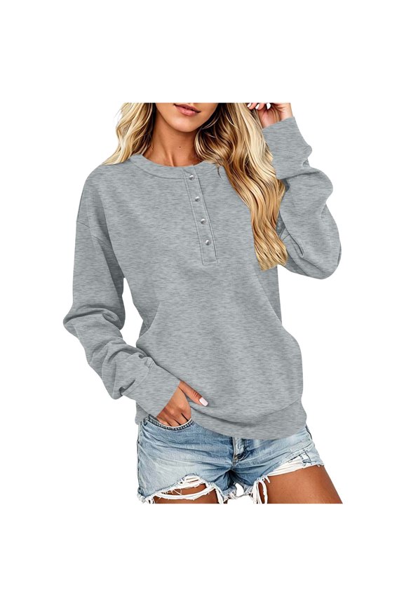 Women's Fall Winter Spring Long Sleeve Round Neck Pullover Button Snap Sweatshirt Top, Size S-2XL