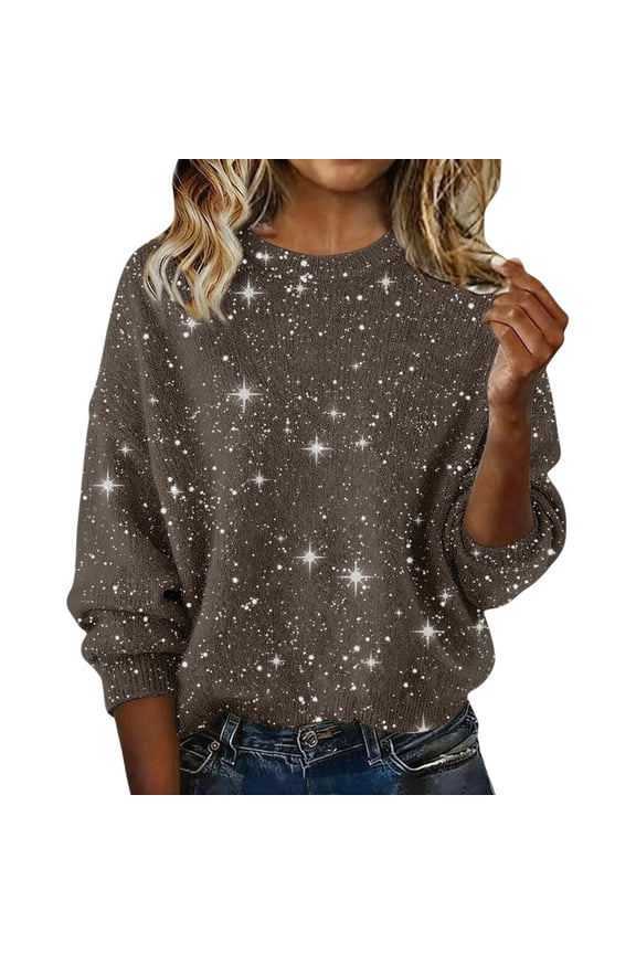 Women's Fall Winter Star Print Pullover, Fall Winter Star Print Pullover Oversized Long-Sleeve Star Print Sweater Star Print Crewneck Knit Top Casual Daily Sparkle Sweater, Brown L