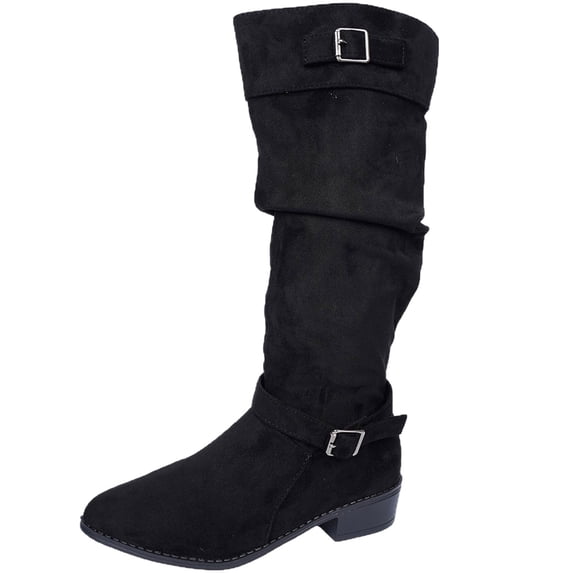 Women’s Fall Winter Suede Knee High Boots Belt Buckle Height Increasing Mid Block Heel Fashion Tall Boots Black 6(37)