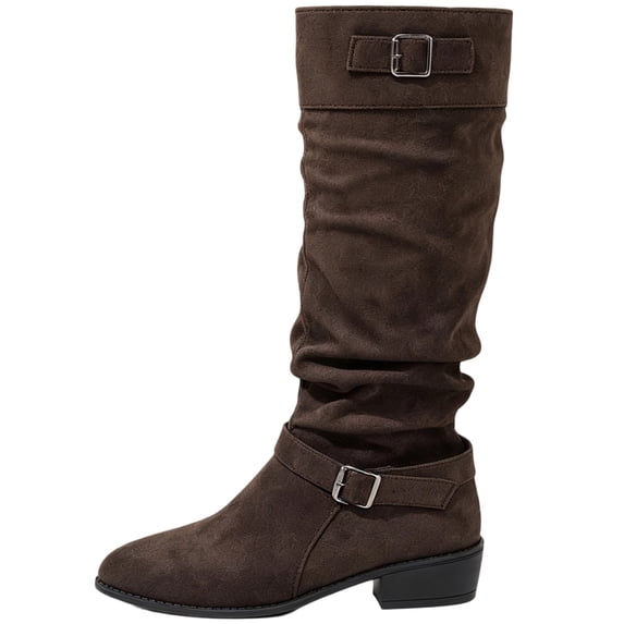 Women’s Fall Winter Suede Knee High Boots Belt Buckle Height Increasing Mid Block Heel Fashion Tall Boots Coffee 7.5(40)