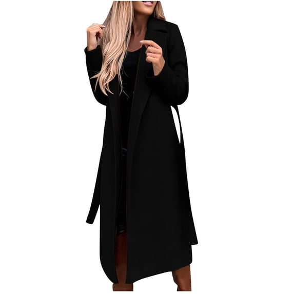 Women's Fall Winter Trench Coat Long Sleeve Wrap Belted Maxi Overcoat Heavy Insulated Coats with Belt Black S