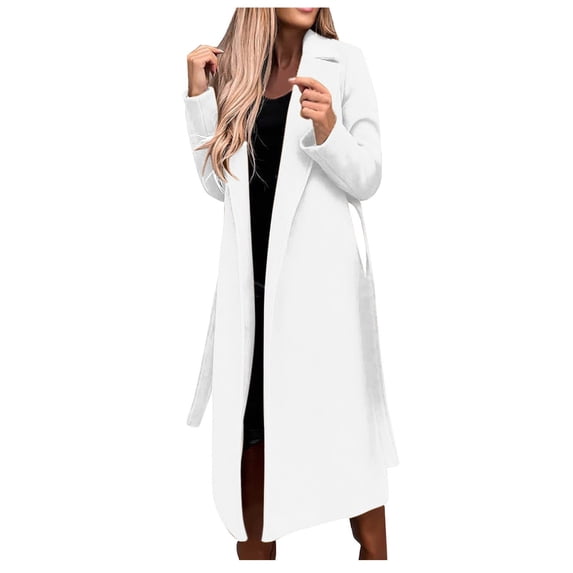 Women's Fall Winter Trench Coat Long Sleeve Wrap Belted Maxi Overcoat Heavy Insulated Coats with Belt White L