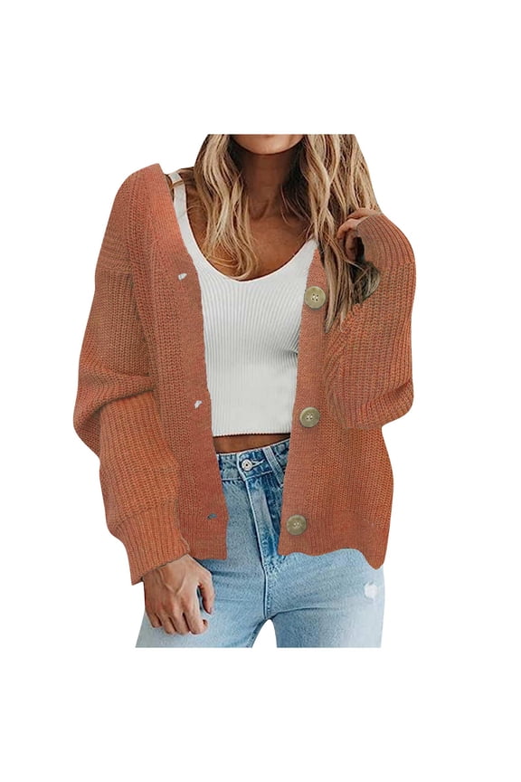 Women's Fall Winter Trendy Cardigans Solid Deep V Neck Button Up Long Sleeve Sweater Cozy Warm Cropped Coats