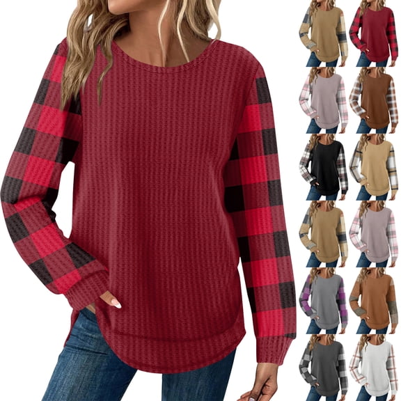 Women's Fall Winter Tunic Top Waffle Knit Long Sleeve Shirt Soft Lightweight Loose Fit Crewneck Casual Everyday Sweater Style Coffee L