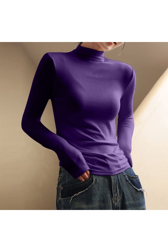 Women's Fall Winter Turtleneck Long Sleeve Shirts Solid Color Basic Thermal Underwear Tops Purple XL