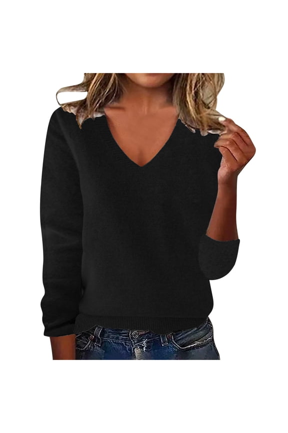 Women's Fall Winter V-Neck Wool Sweater - Long Sleeve Soft Cozy Lightweight Knitted Pullover, Classic Loose Casual Warm Jumper