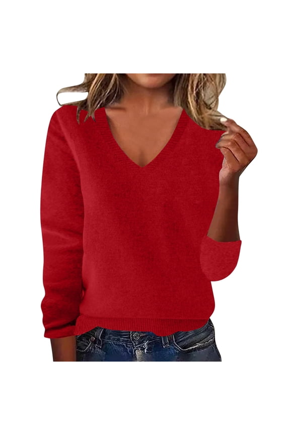 Women's Fall Winter V-Neck Wool Sweater - Long Sleeve Soft Cozy Lightweight Knitted Pullover, Classic Loose Casual Warm Jumper