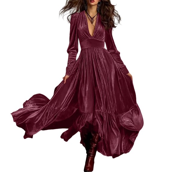 Women's Fall Winter Vintage Velvet Dress Short Sleeve V Neck Elastic Waist Tiered Ruffle A-Line Flowy Maxi Dress Hot Pink XL