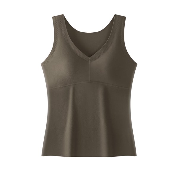 Women's Fall & Winter Warm Tank Top - Solid Color Seamless, Fleece-Lined with Built-In Chest Pad & All-in-One Innerwear Base Layer Brown S