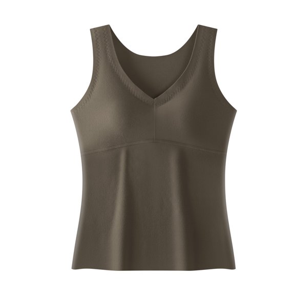 Women's Fall & Winter Warm Tank Top - Solid Color Seamless, Fleece-Lined with Built-In Chest Pad & All-in-One Innerwear Base Layer Brown S