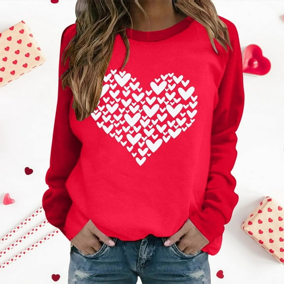 Women's Fall/Winter Warm Valentine's Day Print Color Blocked Loose Crewneck Pullover Hoodless Sweatshirt
