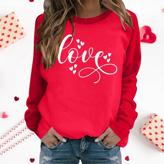Women's Fall/Winter Warm Valentine's Day Print Color Blocked Loose Crewneck Pullover Hoodless Sweatshirt