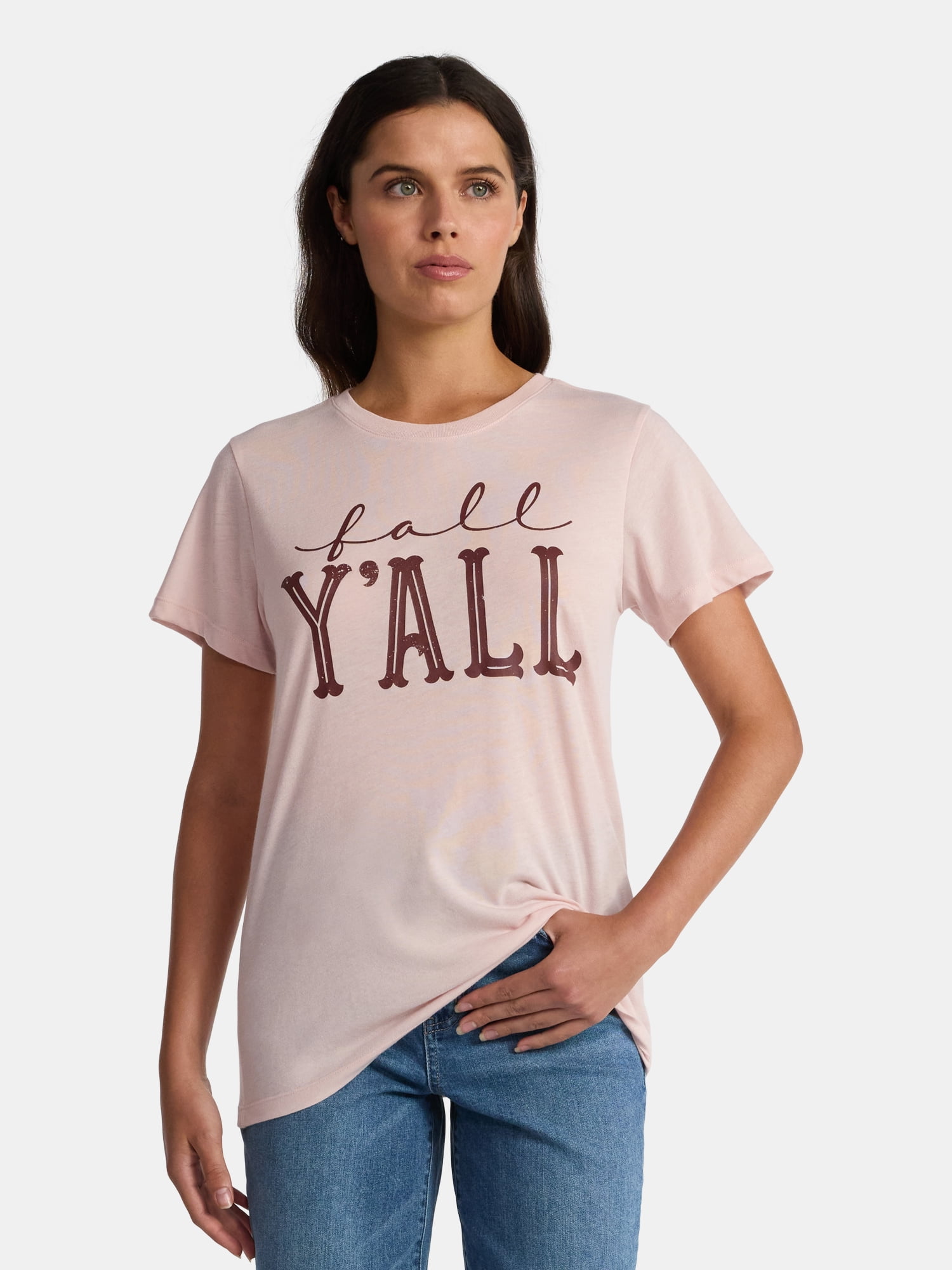 Positivitees Women's Fall Y'all Graphic Seasonal Fall Tee, Sizes S-XXXL