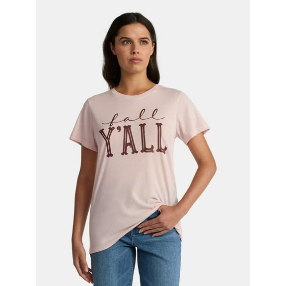 Positivitees Women's Fall Y'all Graphic Seasonal Fall Tee, Sizes S-XXXL