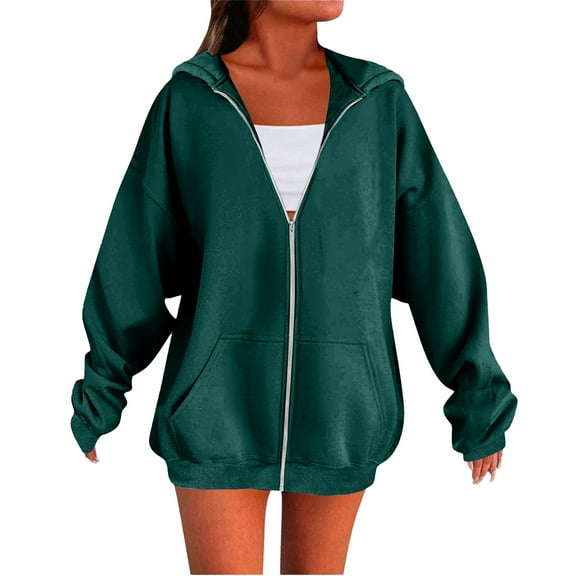 Women's Fall Zipper Front Long Sleeve Hooded Sweatshirt, Lightweight Casual Outdoor Pullover with Front Pockets, Streetwear Style Top for Daily Wear and Autumn Activities Blackish Green L